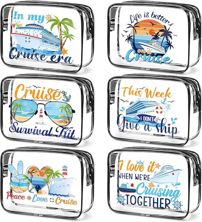 6PC Clear Cruise Makeup Bags Gifts for Women, Clear Beach Cosmetic Bag Cruise Ship Survival Kit Essentials, Travel PVC Waterproof Toiletry Bags for Girls Sister Daughter Nurse Teacher