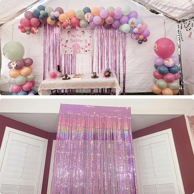 2 Pack 3.2ft x 8.3ft Foil Fringe Backdrop Metallic Tinsel Door Window Curtain Party Photo Booth Props for Birthday Bachelorette Wedding Graduation Party Decorations (Purple)