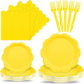 96 Pcs Yellow Paper Plates and Napkins Set Party Supplies, Tableware set for 24 Guest include Disposable Yellow Scalloped Plates, Napkins and Forks for Baby Shower Picnic Wedding Easter