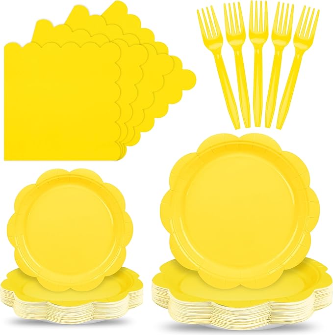 96 Pcs Yellow Paper Plates and Napkins Set Party Supplies, Tableware set for 24 Guest include Disposable Yellow Scalloped Plates, Napkins and Forks for Baby Shower Picnic Wedding Easter