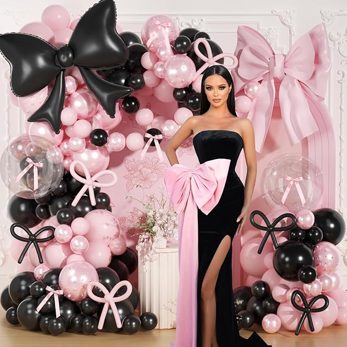 Pink and Black Balloons Arch Kit,189Pcs Pink and Black Birthday Party Decorations with Bow Foil Double Stuffed Pearl Pink Balloons Ribbon Pearl Stickers for Birthday Bachelor Bridal Baby Shower