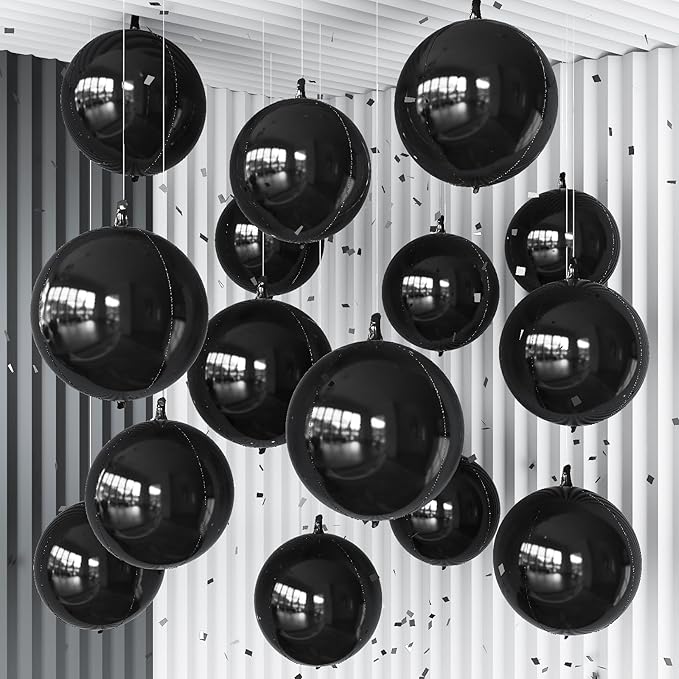 14 Pcs Black Round Foil Balloons 22/15/10 Black 4D Ball Balloons Ornament Mylar Balloon for Birthday Graduation Wedding Anniversary Bachelorette Baby Shower New Year Disco Party Decorations