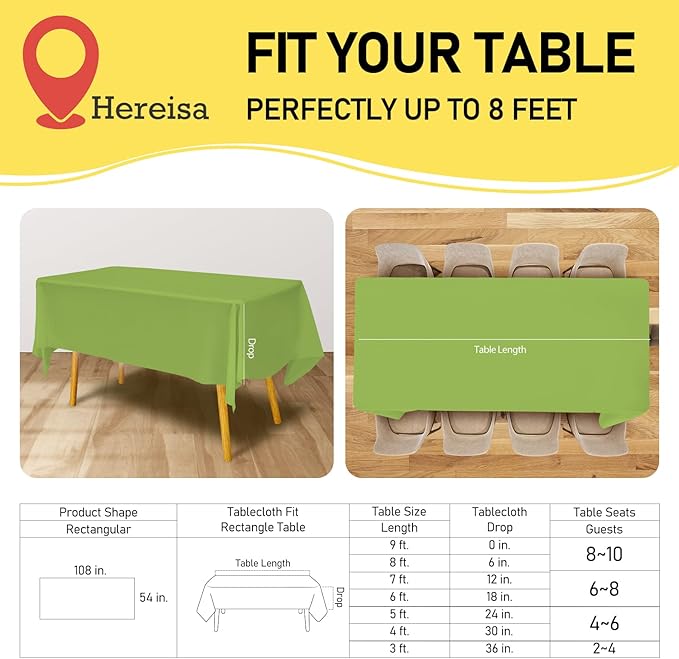 Lime Green Plastic Tablecloths 2 Pack Light Green Disposable Table Covers 54 x 108 Inch Party Tablecovers PEVA Fruit Green Table Cloths for Birthday Wedding Parties 8 ft Rectangle Table Use