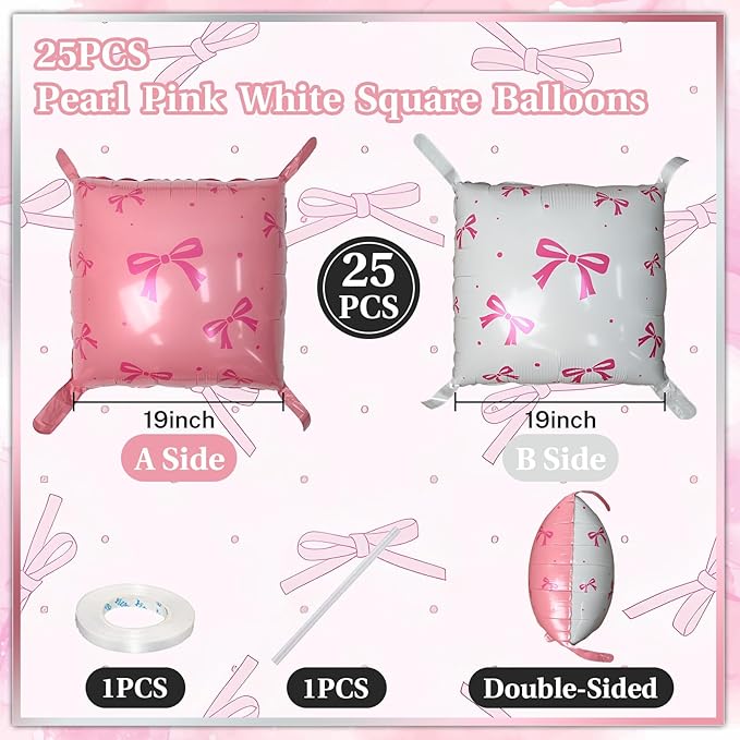 Pink and White Bow Square Foil Balloon Wall, 19 Inch 25Pcs Print Double Sided Baby Pink and Pearl White Balloon Backdrop Tunnel Arch Kit for Girls Women Birthdays Bridal Baby Shower Wedding