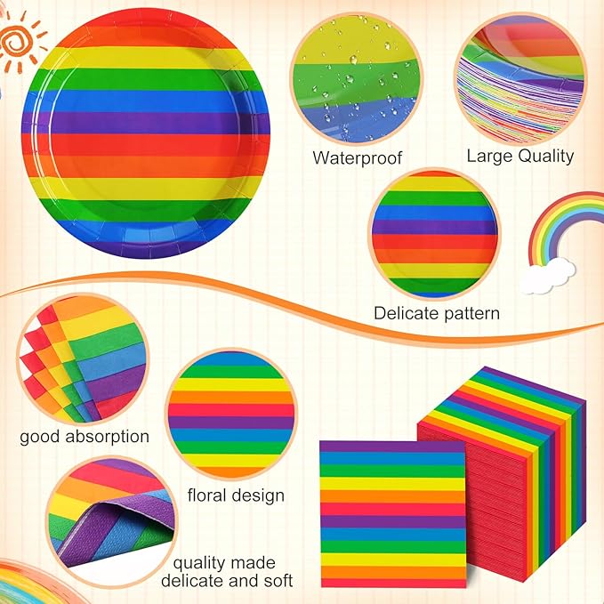 Party Decorations Supplies Paper Plates Napkins and Cups Cutlery (400, Rainbow, Pride)
