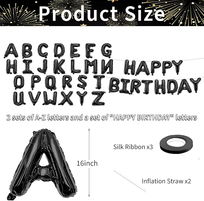 65 Pcs 16 Inches Happy Birthday and 2 Sets A-Z Letter Balloons, DIY Custom Alphabet Mylar Balloons Banner Sign for BDay, Graduation Halloween Thanksgiving Christmas Party Decorations (Black)