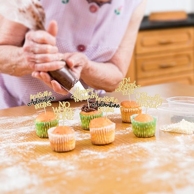 Gyufise 30Pcs Happy Retirement Cupcake Toppers Officially Retired Cupcake Picks No Work Zone Adventure Begins Cake Decorations for Retirement Theme Farewell Birthday Party Supplies Gold