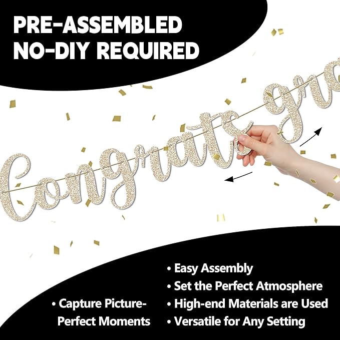 Graduation Banner - 9 ft Pre-Strung Congrats Grad Banner, Graduation Party Decorations & Decor for Elementary, 5th Grade, 8th Grade, High School, College, Congrats Grad Sign