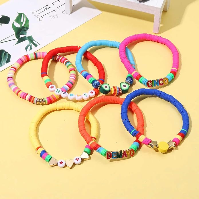 Surfer Heishi Bracelets for Women Stackable Rainbow Vinyl Disc Clay Beaded Stretch Bracelets Elastic Layering Friendship Bracelets Boho Summer Beach Jewelry
