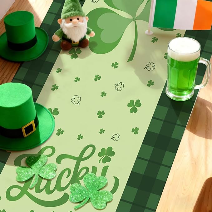 St Patricks Day Decorations - Shamrock Table Runner | St Patrick's Day Party Favors Supplies Decor Indoor Outdoor - Spring Saint Patricks Table Cloth Banner for Home Kitchen Dining Table Decorations