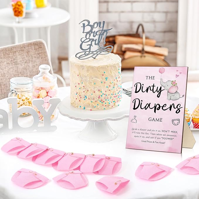 Roowest 51 Pcs Dirty Diaper Baby Shower Games Funny Wooden Sign with 50 Pcs Mini Diapers Cute Felt for Gender Reveal Party Baby Shower(Pink Elephant)