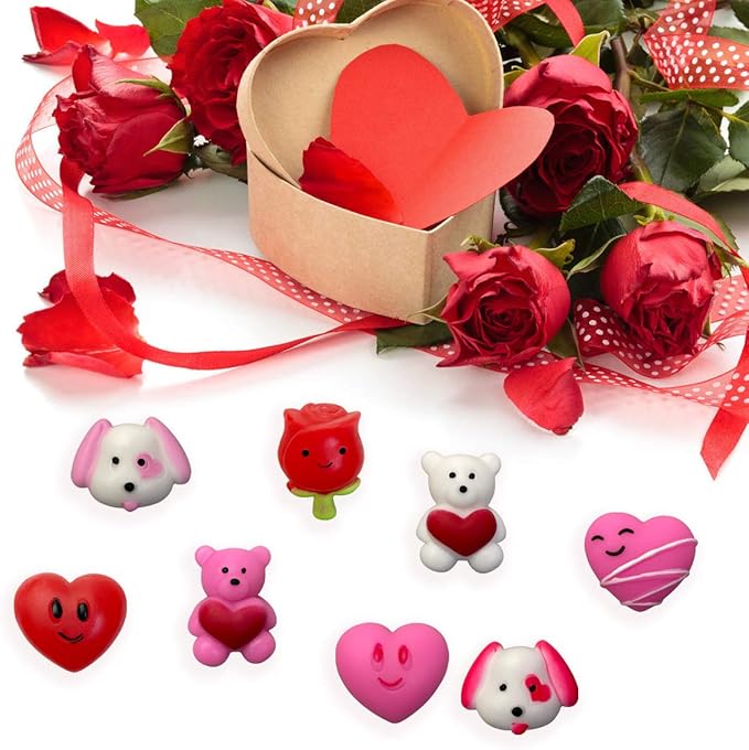 24 PCS Valentines Day Mochi Squishy Toys Squishies for Kids School Class Classroom Valentines Day Cards Gifts Prizes Party Favors