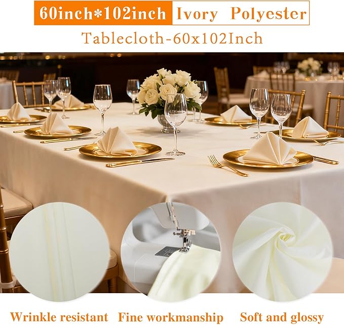 WIGENIUS 6 Pack Ivory Table Cloth Rectangle Tablecloths 60X102 Inch,Polyester Table Cloth for 6 Foot Rectangle Tables,Wrinkle Resistant Washable Fabric Table Covers for Party,Wedding Banquet