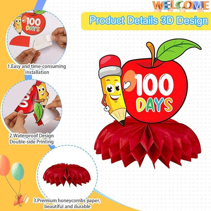 JULMELON 8 PCS 100 Days of School Decorations Honeycomb Centerpiece, 6 Inch Diameter, Red, Green, Yellow, Blue, Includes Honeycomb Centerpieces