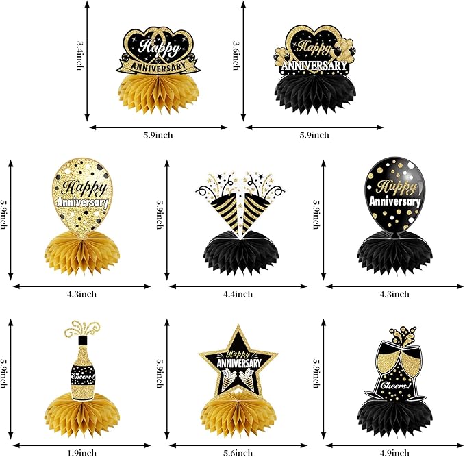 8Pcs Happy Wedding Anniversary Decorations Table Honeycomb Centerpieces, Anniversary Theme Party Supplies for Adult, Black Gold 10th 20th 30th 40th 50th 60th Anniversary Table Sign Decor