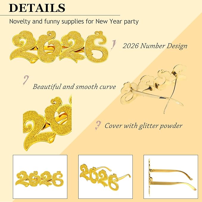 Kanayu 3 Pcs 2026 New Years Party Supplies Glasses New Years Eve Glasses Props for Women Men, Gold, Silver, Black(Cloud Style)
