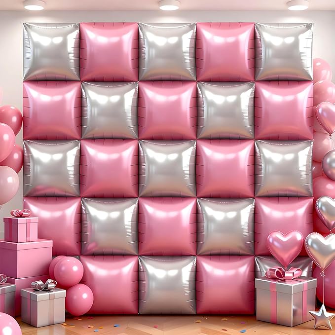36Pcs Pink and Silver Square Foil Balloons Wall Backdrop, Double Sided Metallic Foil Balloons Tunnel Arch Garland Kit for Photo Booth Birthday Wedding Halloween Christmas Party Decorations