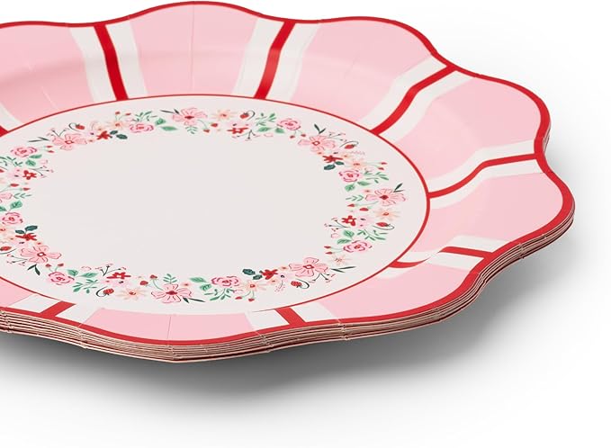 Bonjour Fête Pink & Red Floral Paper Party Dinner Plates | Large Disposable Dinner Plates for Valentine’s Day, Spring Parties & Tea Gatherings | Premium Party Supplies & Decorations | Pack of 8, 11"