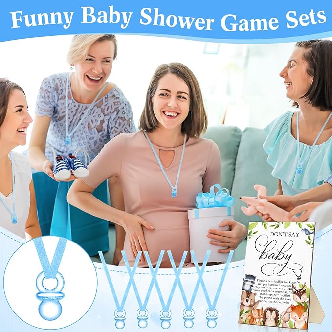 Geetery 51 Pcs Don't Say Baby Game Sign Cool Baby Shower Game 50 Pacifier Necklace Wooden Don't Say Sign Plastic Pacifier Party Favor for Gender Reveal(Woodland,Blue)