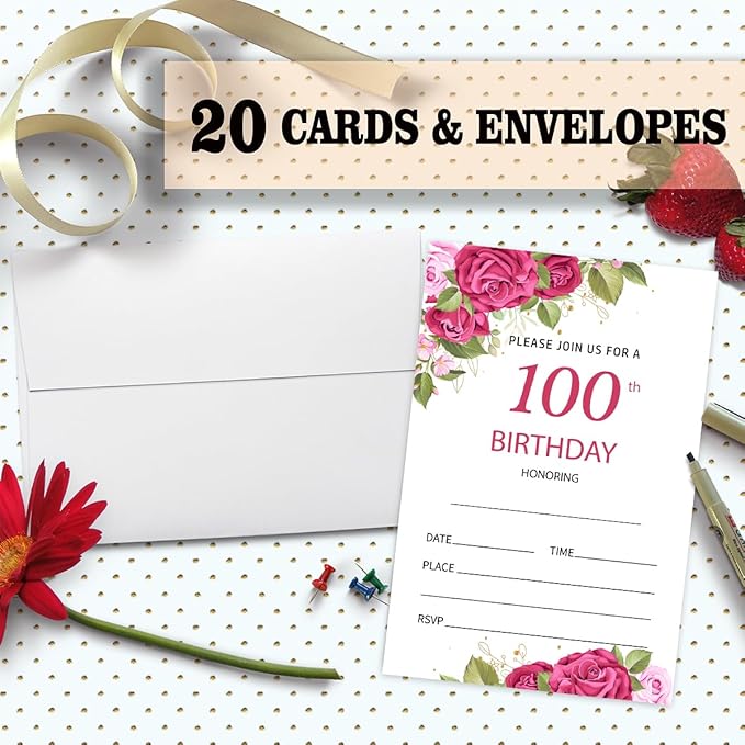 100th Rose Floral Birthday Invitation Cards for Women Men, 100 Years Old Birthday Invites for Adult, Party Supplies Favors, 20 Cards With 20 Envelopes -13