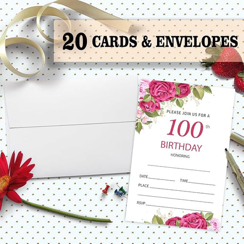 100th Rose Floral Birthday Invitation Cards for Women Men, 100 Years Old Birthday Invites for Adult, Party Supplies Favors, 20 Cards With 20 Envelopes -13
