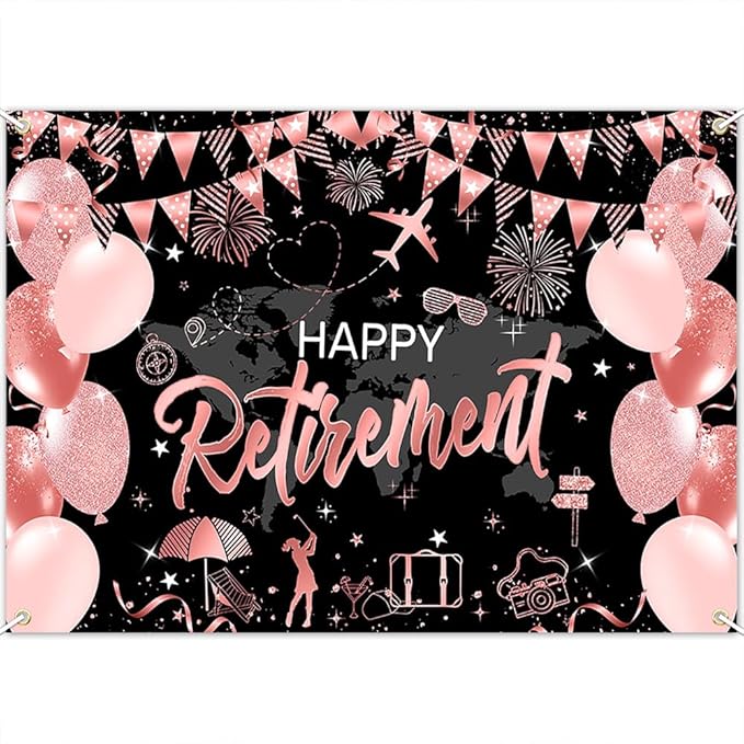 Mocsicka Happy Retirement Backdrop Pink Rose Gold Balloons Women Happy Retirement Banner Party Decorations Photo Booth Props (Pink, 7x5ft)