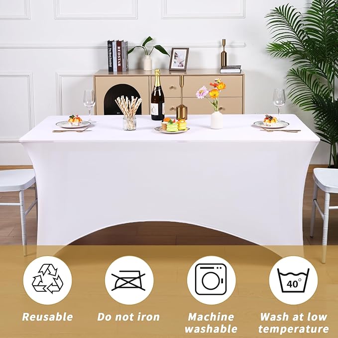 Fixwal 3 Pack White Table Cloths Rectangle 6FT, Tablecloths Rectangular Stretch Spandex Fitted Table Covers 6FT for Parties, Trade Shows, Banquet, Weddings, Buffet, Graduation Decorations