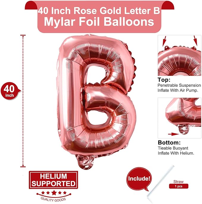 Lovoir 40 Inch Large Rose Gold Letter B Balloons Big Size Jumbo Mylar Foil Helium Balloon for Birthday Party Celebration Decorations Alphabet Rose Gold B