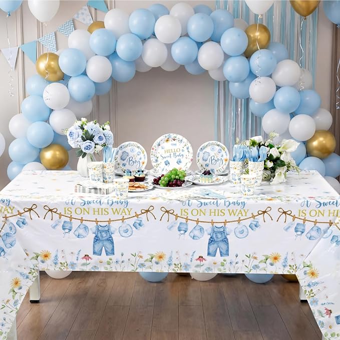Pickmesh 194 Pcs It's a Boy Sweet Baby Shower Decorations for 24, Spring Blue Floral Baby Shower Paper Plates and Napkins Cups Tablecloth Cutlery for Gender Reveal Party Supplies