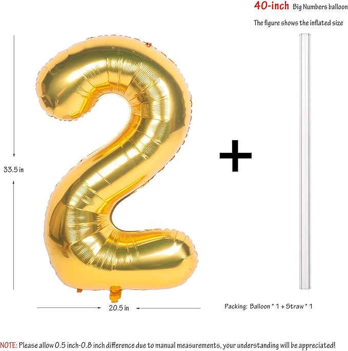 40 Inch Large Gold Number Balloons 2 Aluminum Foil Mylar Big Number Balloons 0-9 Suitable for Gold Birthday Parties, Weddings and Anniversary Photography