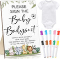 Qunclay 12 Pcs Baby Shower Game Decor with White Unisex Bodysuit Wooden Sign Tabletop Decor and Marker for Guests(Safari)
