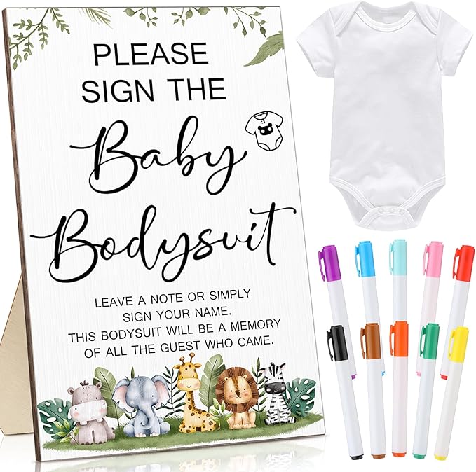 Qunclay 12 Pcs Baby Shower Game Decor with White Unisex Bodysuit Wooden Sign Tabletop Decor and Marker for Guests(Safari)
