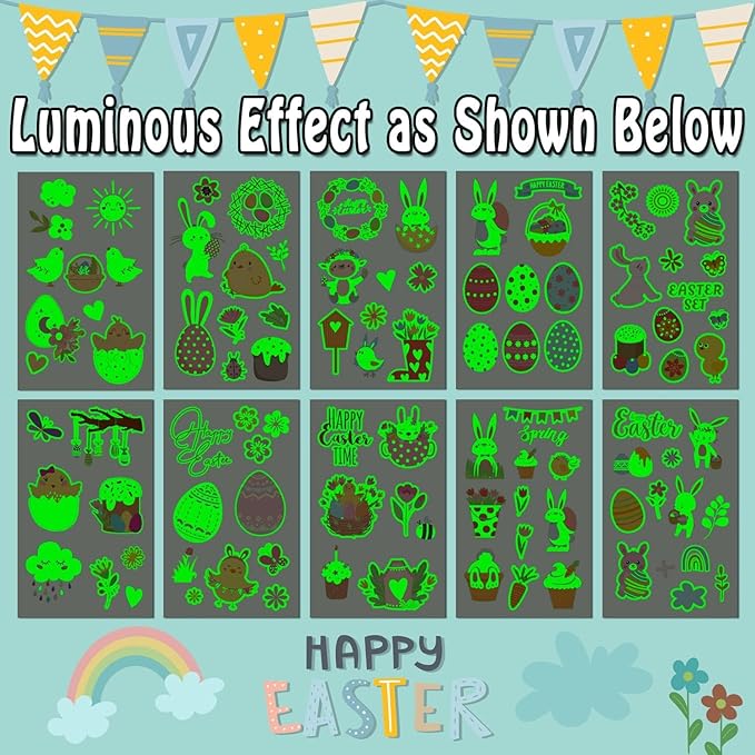 PARTYWIND Glow Easter Basket Essentials Temporary Tattoos for Kids, 100 Styles Luminous Fake Tattoo Stickers with Easter Eggs/Rabbits/Chicks, Party Supplies Goodie Bags Stuffers for Basket