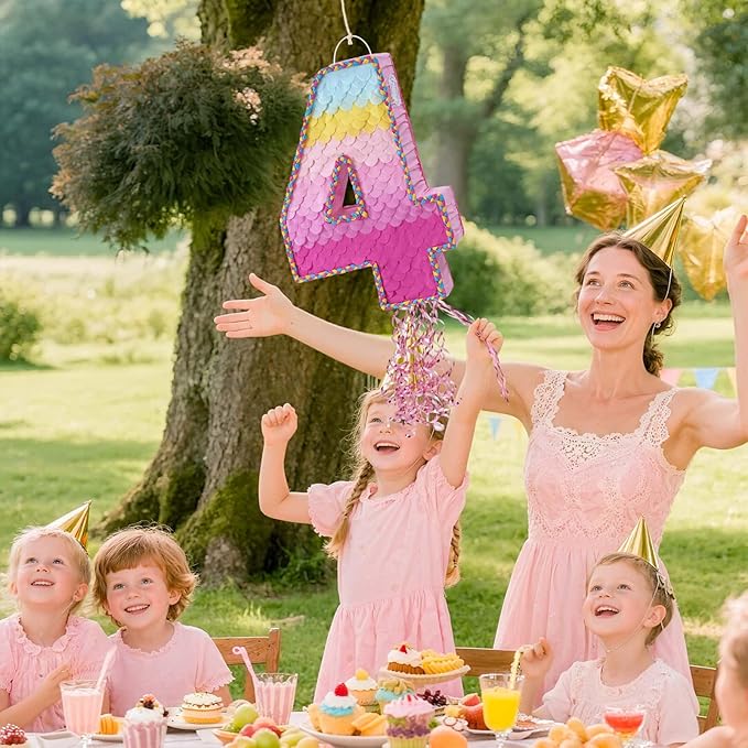 WERNNSAI Pink Sweet Four Piñata - Number 4 Piñata Happy Birthday Decoration Pink Rainbow Design Party Games for Girl Princess Baby Shower Party Favor with Blindfold Anniversary Celebration Supplies