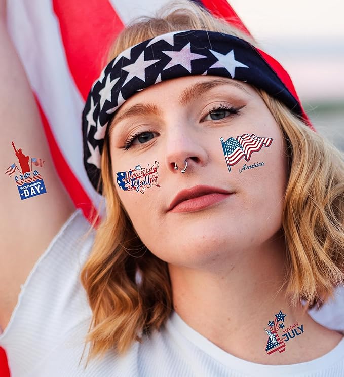 80PCS 4th of July Temporary Tattoos for Teenages & Adults, Patriotic Party Favors, USA Flag, Fireworks, Eagle, Statue of Liberty, Independence Day, Memorial Day, 4th of July Outfits for Women