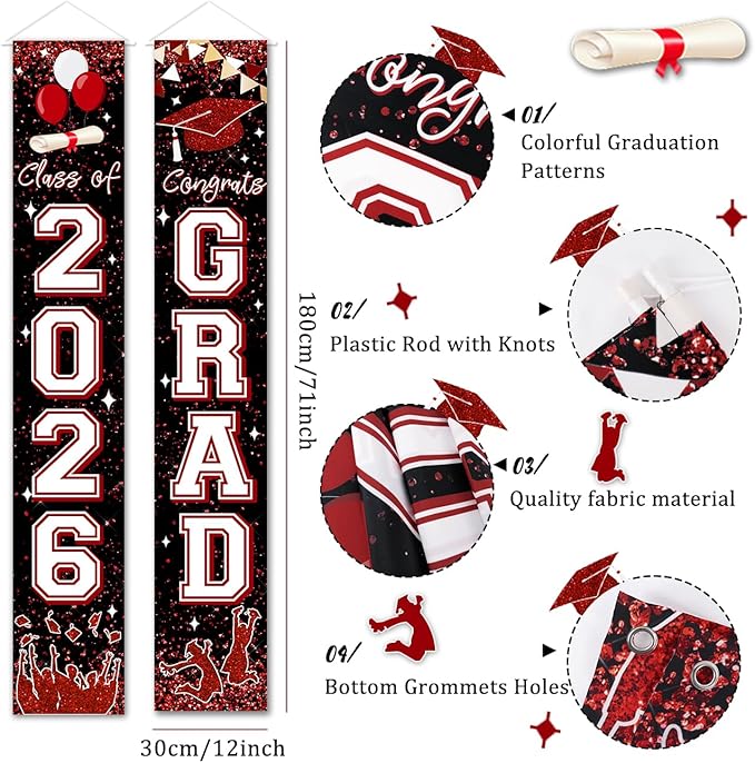 Class of 2026 Banner Maroon Graduation Party Decorations Congrats Grad Banner Hanging Door Porch Signs for 2026 University and Senior High School Graduation Decorations