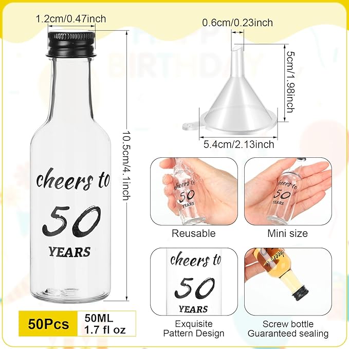 Bokon 50 Pcs Cheers to 50 Years Mini Liquor Bottles 1.7 oz Mini Wine Bottles for Guests Women Men 50th Birthday Anniversary Wedding Celebration Party Favors