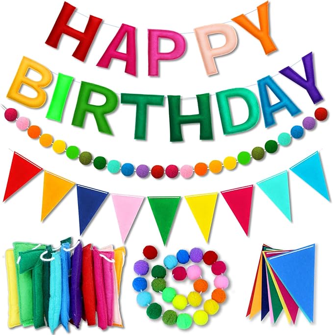 Happy Birthday Banner Decorations - Pre-Strung 3D Felt HAPPY BIRTHDAY Sign for Party Decor | Rainbow Reusable Happy Birthday Garland, Ball, Pennant Flag (1-Rainbow)