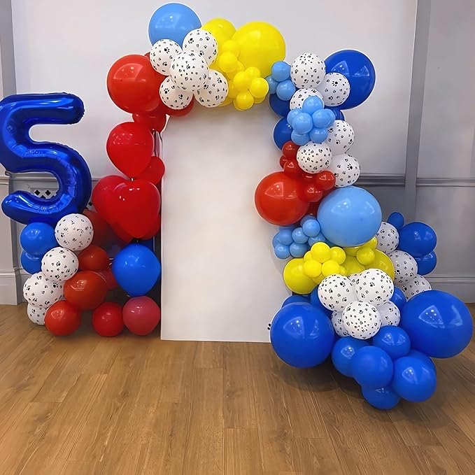 6th Birthday Decorations Boy, Dog Paw Six Years Old Party Arch with Red Blue Yellow Long Latex Balloons 40 inch Number 6 Balloon and Star Foil for Paw Birthday Party Supplies