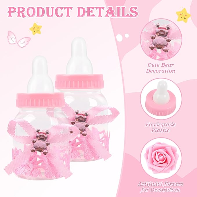 MACTING 2 Dozens 3.5 Inch Feeding Bottle Candy Box with 5 Pcs Artificial Flower Rose for Baby Shower Favor Gift Decoration (Pink)