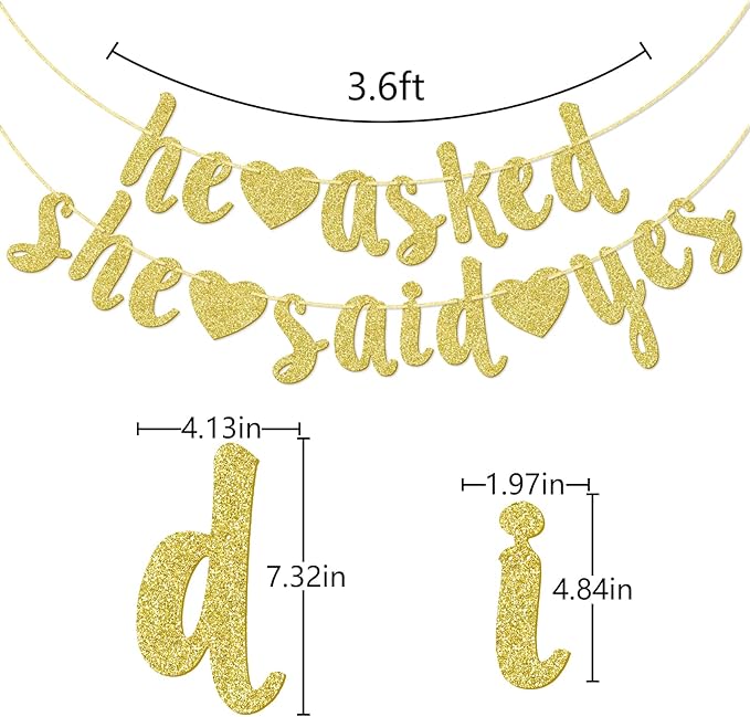 He Asked She Said Yes Gold Glitter Banner - Wedding, Engagement, Bridal Shower Party Decorations