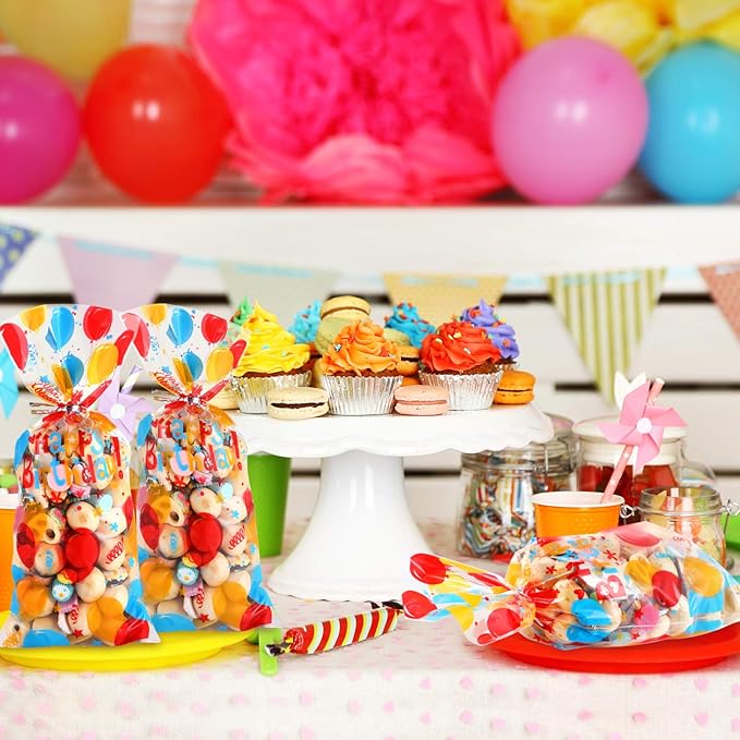Blulu 100 Pcs Happy Birthday Cellophane Treat Bags Colorful Birthday Candy Goodie Bags Plastic Birth Loot Gift Wraps Goodie Cookies Paper Sacks with Silver Twist Ties for Weddings Party Favors