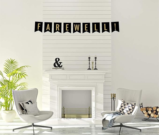 Andaz Press Faux Gold Glitter on Black Retirement Party Banner Decorations, Farewell!, Approx 5-Feet, 1-Set, Birthday Wedding Baby Shower Colored Hanging Pennant Decor