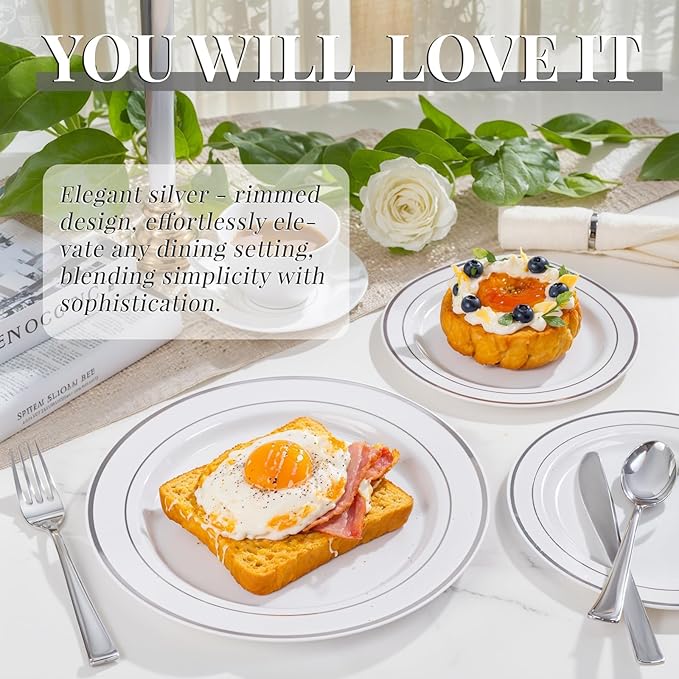 350Piece Silver Plastic Dinnerware Set for 50 Guests - Silver Plastic Plates with Cutlery Include:50Dinner Plates-50Dessert Plates-50Pre Rolled Napkins with Silverware Party Wedding