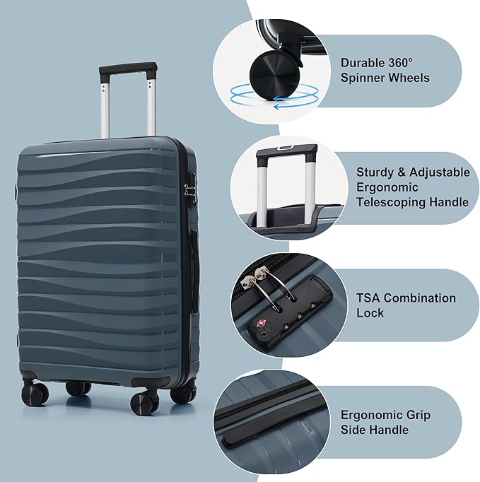 Hardside Luggage Sets, Lightweight Wave Suitcase with Spinner Wheels, PP Grey