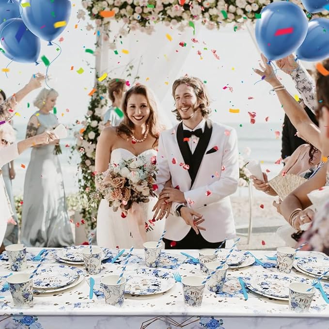 MEHOFOND 169 pcs Blue Wedding Decorations, Mr and Mrs Wedding Disposable Dinnerware, Floral Printed Bridal Shower Plates and Napkins Sets, Paper Plates Cups Party Supplies, Serve 24 Guests