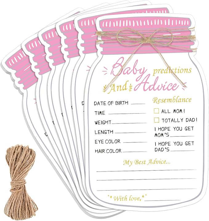 Lincia 50 Pcs Baby Shower Prediction and Advice Cards Pink Mason Jar Baby Prediction Cards for Girl or Boy Gender Reveal Decorations Gender Neutral Decor Activity Games Keepsake for New Parents
