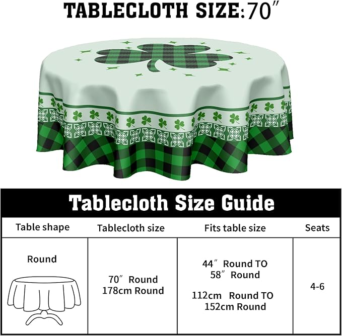 St Patricks Tablecloth Round 70 Inch Green Shamrock Tablecloth Buffalo Plaid Clover Table Cloth Farmhouse St Patrick's Day Tablecloth for Kitchen Holiday Picnic Party Dinner Room Outdoor Decor