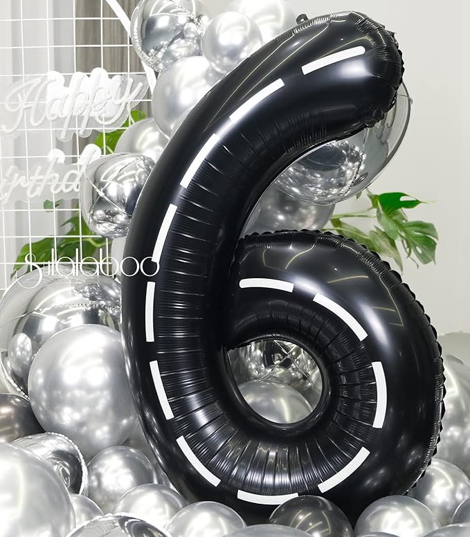 Race Car 40Inch Black 6 Balloon Number Large Helium Race Track 0-9 Giant Digital 6th Foil Mylar Big Party Number Balloons for Boy Birthday Car Theme Party Anniversary Graduation Decorations