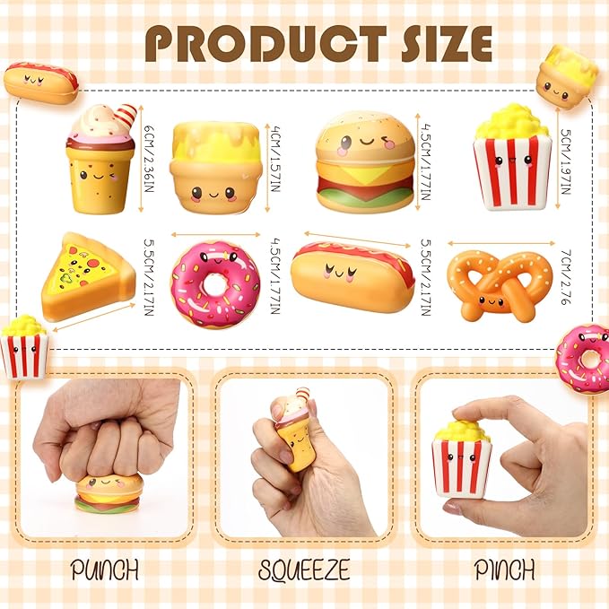 56 Pcs Fast Food Stress Balls Slow Rising Fidget Sensory Toy Emotional Relief Squeeze Stretchy Food Stress Toys for Funny Goodie Bag Fillers Gifts Party Favors Office Holiday